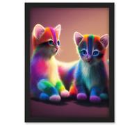 Artery8 Two Cute Vibrant Rainbow Colour Fur Kittens Blue Eyes Artwork Framed Wall Art Print A4 in Black Artery8 Black