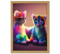 Artery8 Two Cute Vibrant Rainbow Colour Fur Kittens Blue Eyes Artwork Framed Wall Art Print A4 in Light Oak Artery8 Light Oak