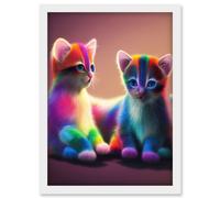 Artery8 Two Cute Vibrant Rainbow Colour Fur Kittens Blue Eyes Artwork Framed Wall Art Print A4 in White Artery8 White