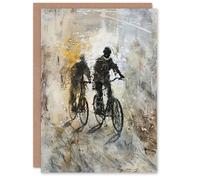 Artery8 Greeting Card Two Cyclists Bikes Dark Bubble Painting Artwork Blank For Him Or Her Art Birthday Card