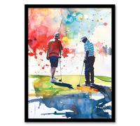 Artery8 Two Friends Golfing Putting Watercolour in Sun Framed Art Print | Size: W12" x H16" Artery8 Multicolor W12" x H16"
