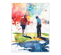 Artery8 Two Friends Golfing Putting Watercolour in Sun Man Cave Fathers Day Large Wall Art Poster Print Thick Paper 18X24 Inch