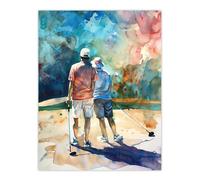 Artery8 Two Golfer Friends in Bunker Watercolour Golf Sun Wall Art Print in Blue | Size: W12" x H16" Artery8 Blue W12" x H16"