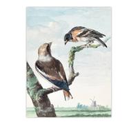 Artery8 Two Hawfinch Birds in Rural Landscape Schouman Wall Art Poster Print in Blue | Size: W18" x H24" Artery8 Blue W18" x H24"