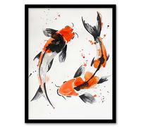 Artery8 Two Japanese Koi Carp Fish Bright Watercolour Framed Wall Art in Orange | Size: A4 Artery8 Orange A4
