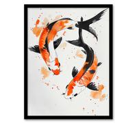Artery8 Two Japanese Koi Carp Fish Ink Splat Watercolour Framed Wall Art in Orange | Size: W12" x H16" Artery8 Orange W12" x H16"