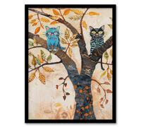Artery8 Two Kittens on an Autumn Tree Folk Art Cat Lover Framed Art Print in Beige | Size: A4 Artery8 Beige A4