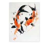 Two Koi Carp Japanese Fish Bright Watercolour Wall Art Print Artery8 Orange W18 inch x H24 inch