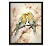 Artery8 Two Lovebirds Cherry Blossom Watercolour Pair Perched Artwork Framed Wall Art Print A4