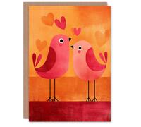 Artery8 Two Pink Birds Animals in Love Folk Art Illustration Valentine's Day Card