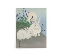 Artery8 Two Rabbits At Full Moon Canvas Wall Art Print Ohara Koson in Blue | Size: W24" x H32" Artery8 Blue W24" x H32"