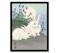 Artery8 Two Rabbits At Full Moon Vintage Japan Framed Wall Art Print Ohara Koson in Blue | Size: A4 Artery8 Blue A4