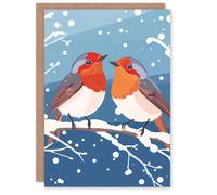 Artery8 Two Robin Birds on Snow Tree Branch Christmas Fun Festive Xmas Card in Blue Artery8 Blue