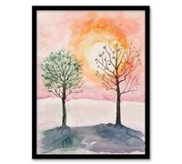 Artery8 Two Summer Trees in Pink Orange Sunset Landscape Framed Wall Art | Size: A4 Artery8 Pink A4