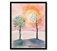 Artery8 Two Summer Trees in Pink Orange Sunset Landscape Living Room Artwork Framed Wall Art Print 18X24 Inch