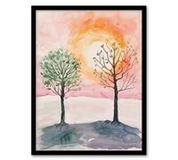 Artery8 Two Summer Trees in Pink Orange Sunset Landscape Living Room Artwork Framed Wall Art Print A4