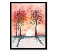 Artery8 Framed Wall Art Two Trees At Sunset Winter Countryside Landscape Print - 12X16 Inch