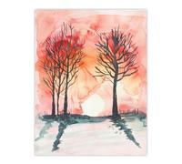 Artery8 Two Trees at Sunset Winter Countryside Landscape Wall Art Print in Pink | Size: W24" x H32" Artery8 Pink W24" x H32"