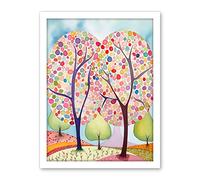 Artery8 Two Trees Blooming In Spring Folk Art Watercolour Painting Artwork Framed Wall Art Print 18X24 Inch