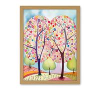 Artery8 Two Trees Blooming In Spring Folk Art Watercolour Painting Artwork Framed Wall Art Print 18X24 Inch