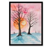 Artery8 Two Trees Misty Sunset Winter Snow Landscape Framed Wall Art in Pink | Size: A4 Artery8 Pink A4