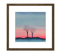 Artery8 Two Winter Trees Sunset Simple Landscape Soft Watercolour Painting Square Wooden Framed Wall Art Print Picture 8X8 Inch in Brown Artery8 Brown