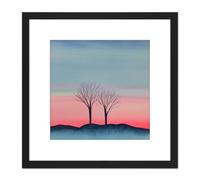 Artery8 Two Winter Trees Sunset Simple Landscape Soft Watercolour Painting Square Wooden Framed Wall Art Print Picture 8X8 Inch in Black Artery8 Black