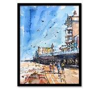 Artery8 Under the Promenade Brighton Beach Watercolour Framed Art Print in Blue | Size: W12" x H16" Artery8 Blue W12" x H16"