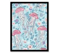 Artery8 Underseas Jellyfish Flowers Baby Blue Pink Design Bathroom Toilet Artwork Framed Wall Art Print A4