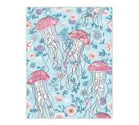 Artery8 Underseas Jellyfish Flowers Baby Blue Pink Design Wall Art Print | Size: W12" x H16" Artery8 Blue W12" x H16"