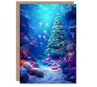 Artery8 Underwater Decorated Tree Coral Reef Christmas Fun Festive Xmas Card in Blue Artery8 Blue