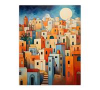 Artery8 Unframed Wall Art Abstract Morocco Cityscape In Orange And Blue Picture - 12X16 Inch