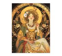 Artery8 Alphonse Mucha Style Woman Floral Art Nouveau Wall Art Print in Yellow | Size: W12" x H16" Artery8 Yellow W12" x H16"