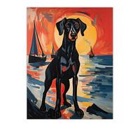 Artery8 Unframed Wall Art Black Doberman Dog Artwork Coastal Sunset Seascape Picture - 12X16 Inch