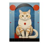 Artery8 Unframed Wall Art Cat Hypnotist Painting Orange Red Blue Perched On Window Sill Surreal Portrait - 12X16 Inch