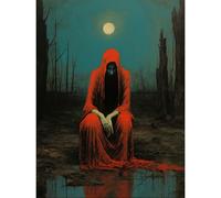 Artery8 Unframed Wall Art Charon In Red Cloak Beksinski Inspired Conceptual Artwork Full Moon Barren Landscape - 12X16 Inch