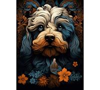 Artery8 Unframed Wall Art Cockapoo Dog With Flower Patterns Art Nouveau Artwork Orange Blue Floral Portrait Design - 12X16 Inch