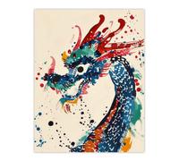Artery8 Unframed Wall Art Colourful Chinese Dragon Watercolour Paint Splat - 12X16 Inch