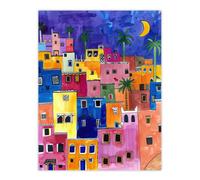 Artery8 Unframed Wall Art Colourful Moroccan Cityscape At Night Watercolour - 12X16 Inch