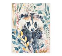 Artery8 Cute Badger Botanical Watercolour Soft Woodland Wall Art Print | Size: W12" x H16" Artery8 Multicolor W12" x H16"