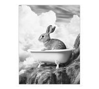 Artery8 Unframed Wall Art Cute Bunny Rabbit In Bathtub Black White Surreal - 12X16 Inch