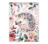 Artery8 Cute Pastel Hedgehog in Wildflowers Watercolour Wall Art Print in Pink | Size: W12" x H16" Artery8 Pink W12" x H16"