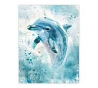 Artery8 Dolphin Wave Jump Watercolour Light Blue Sea Wall Art Print | Size: W12" x H16" Artery8 Blue W12" x H16"