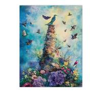 Artery8 Eden Ornamental Birds Flowers Colourful Abstract Wall Art Print in Blue | Size: W12" x H16" Artery8 Blue W12" x H16"