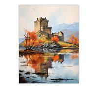 Artery8 Unframed Wall Art Eilean Donan Castle Scotland Watercolour Painting Misty Morning Autumn Sunlight - 12X16 Inch