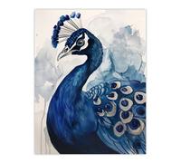 Artery8 Unframed Wall Art Elegant Blue Peafowl Peacock Bird Watercolour - 12X16 Inch