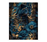 Artery8 Elegant Cheetah With Blue Gold Jungle Flowers Wall Art Print in Dark Blue | Size: W12" x H16" Artery8 Dark Blue W12" x H16"