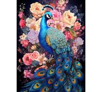 Artery8 Unframed Wall Art Elegant Peacock Bird With Rose Flower Blooms Vibrant Floral Blue Pink Orange - 12X16 Inch