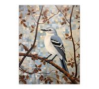 Artery8 Wall Art Print Fall Mosaic Mockingbird on Autumn Tree Branch Poster Picture in Brown | Size: W12" x H16" Artery8 Brown W12" x H16"