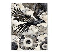 Artery8 Flying Black Raven Painting Magic Mandala Dark Wall Art Print | Size: W12" x H16" Artery8 Black W12" x H16"